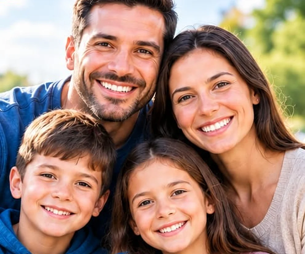 Familia de asociados de AMUPPSABA sonriendo al aire libre