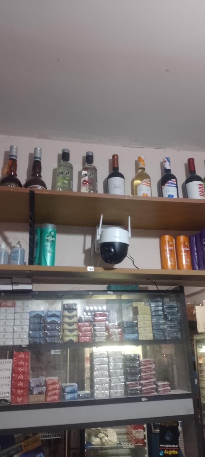 Cámara de seguridad blanca tipo domo instalada bajo el techo de un comercio, orientada estratégicamente hacia la mercadería