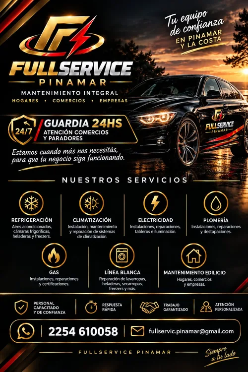 Flyer de servicios de Full Service Pinamar