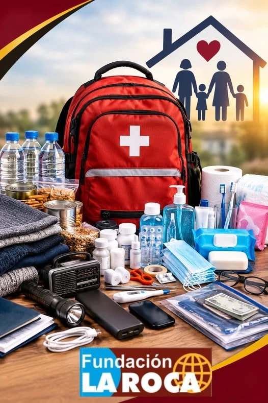 Ilustración de una mochila sanitaria roja rodeada de agua, alimentos, medicamentos, linterna, radio y elementos de higiene