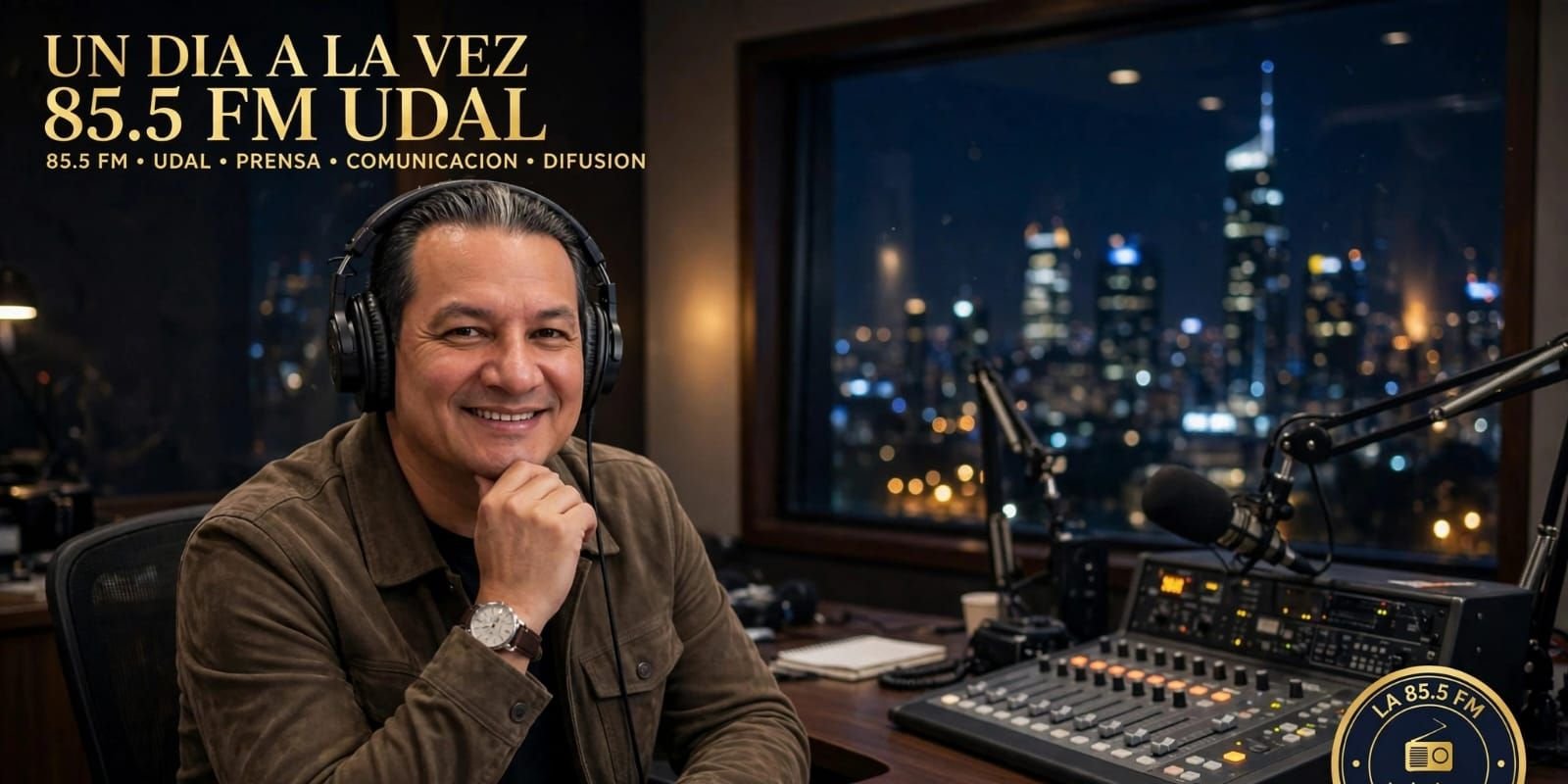 Javier Luna en el estudio de radio de la 85.5 FM UDAL, con auriculares y consola de sonido