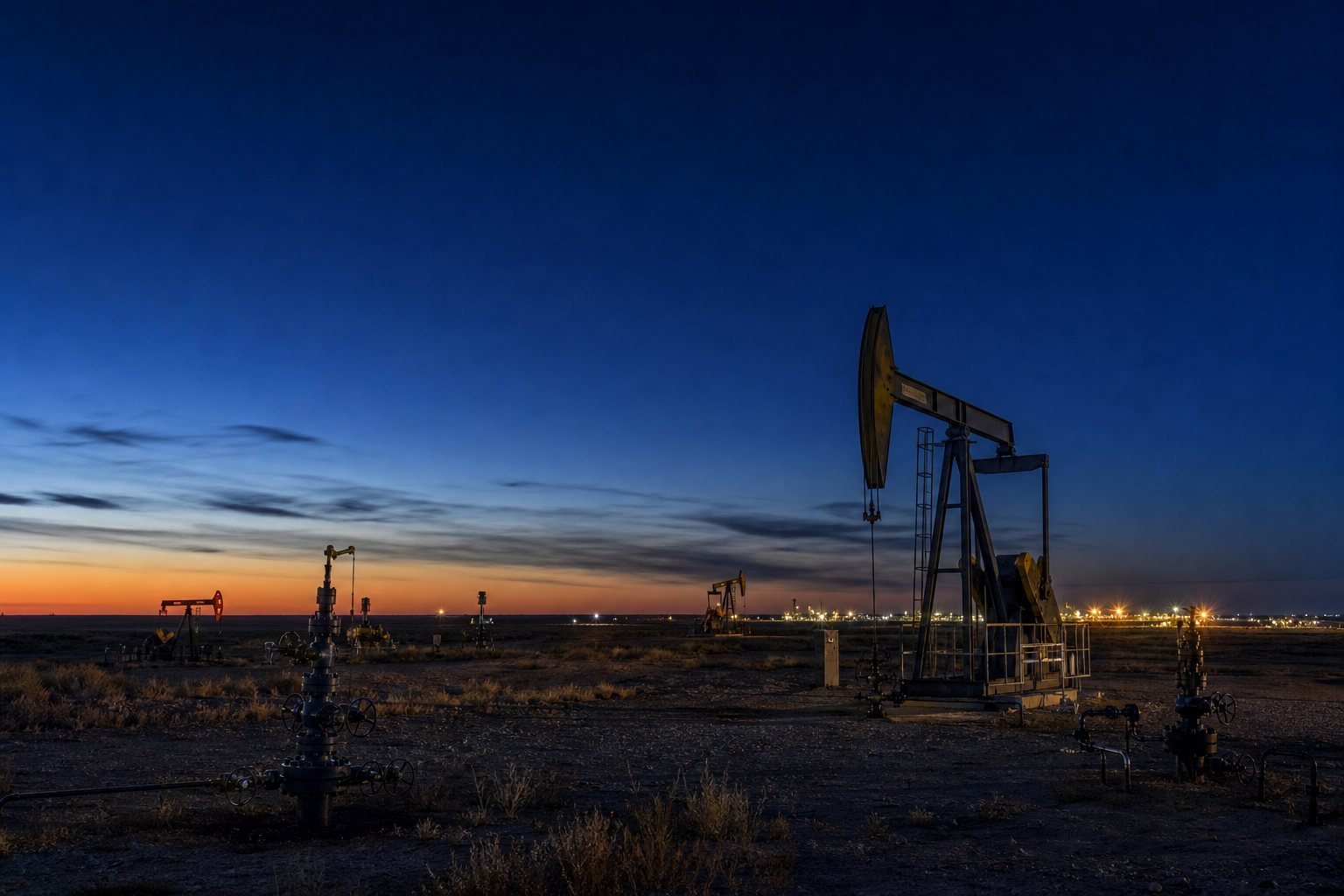 Campo operativo de petróleo y gas al anochecer