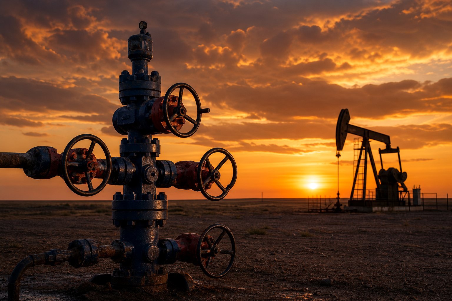 Boca de pozo y bomba de extracción al atardecer en La Pampa