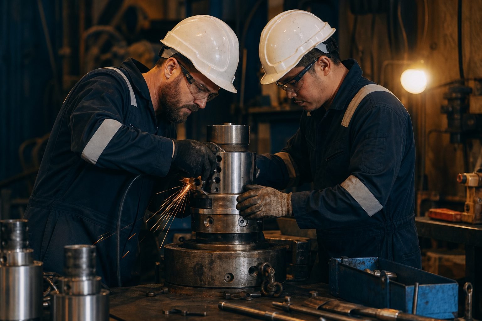 Técnicos de LAOS reparando un componente de cabezal PCP en el taller