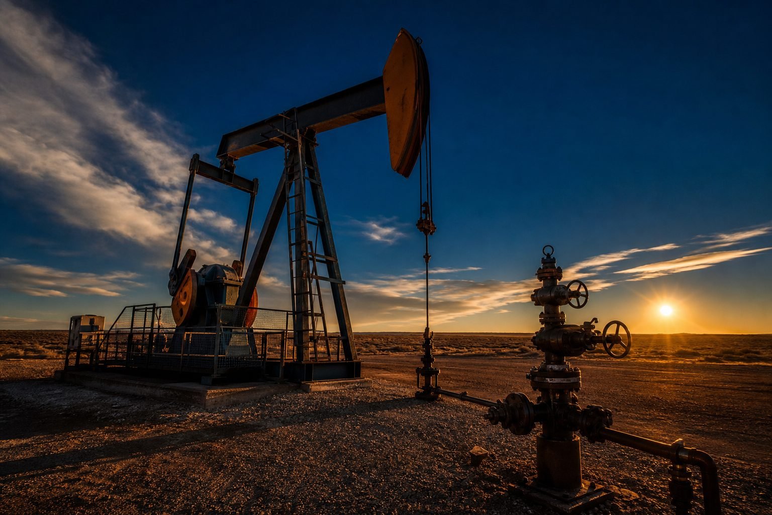 Bomba de extracción y cabezal de pozo en el campo de La Pampa al atardecer