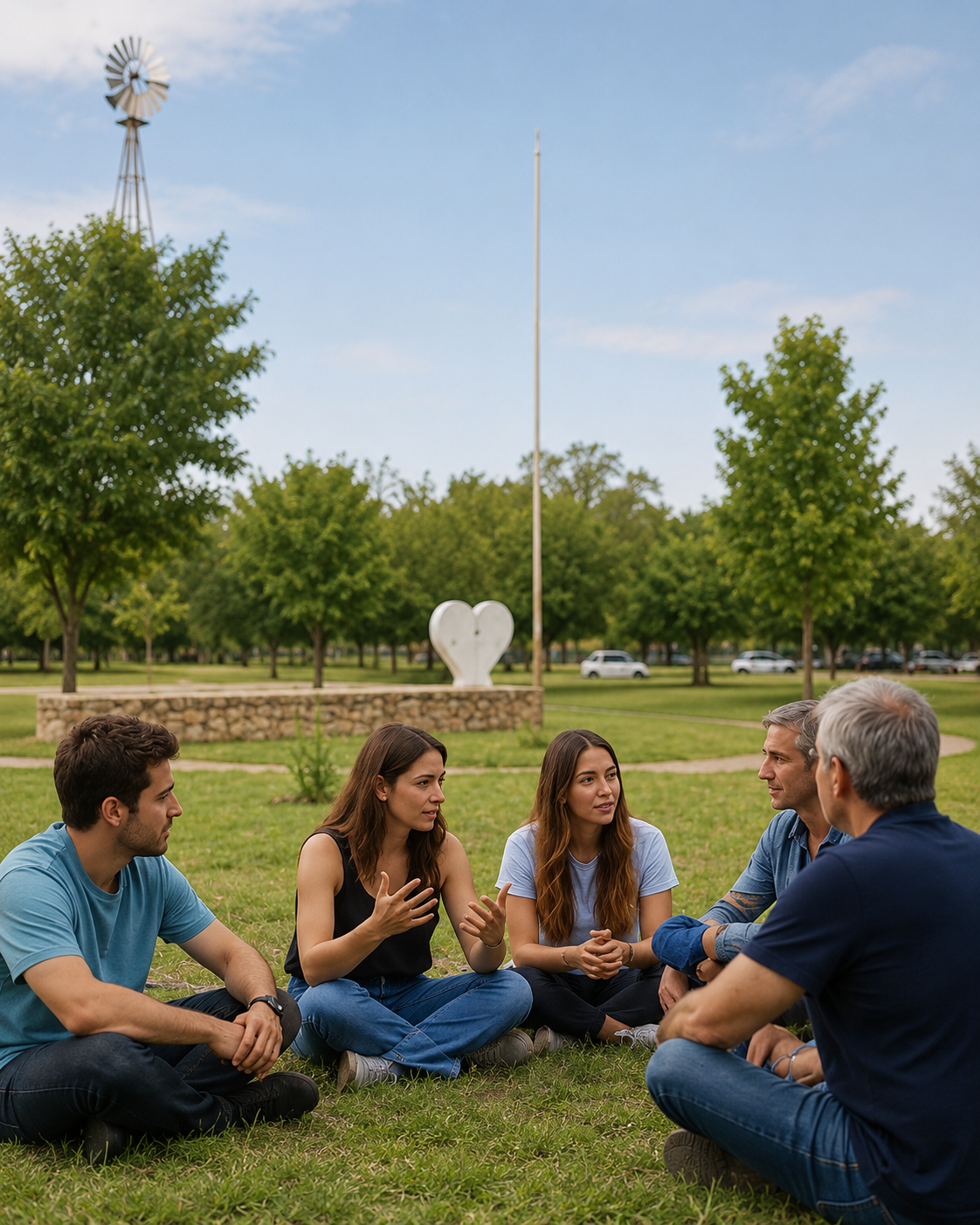 Vecinas y vecinos conversando en un espacio verde de Funes