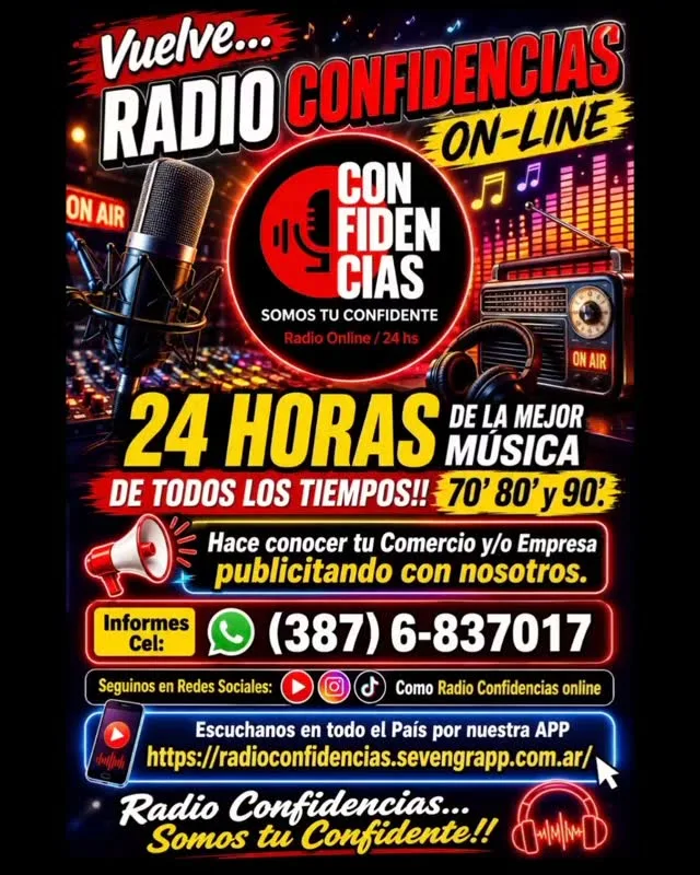 Flyer “Vuelve Radio Confidencias On-Line”: 24 horas de la mejor música de todos los tiempos, 70, 80 y 90