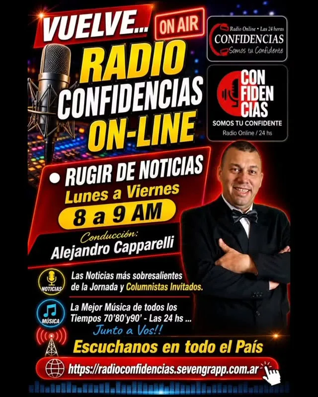 Flyer de Rugir de Noticias: lunes a viernes de 8 a 9 AM, conducción Alejandro Capparelli